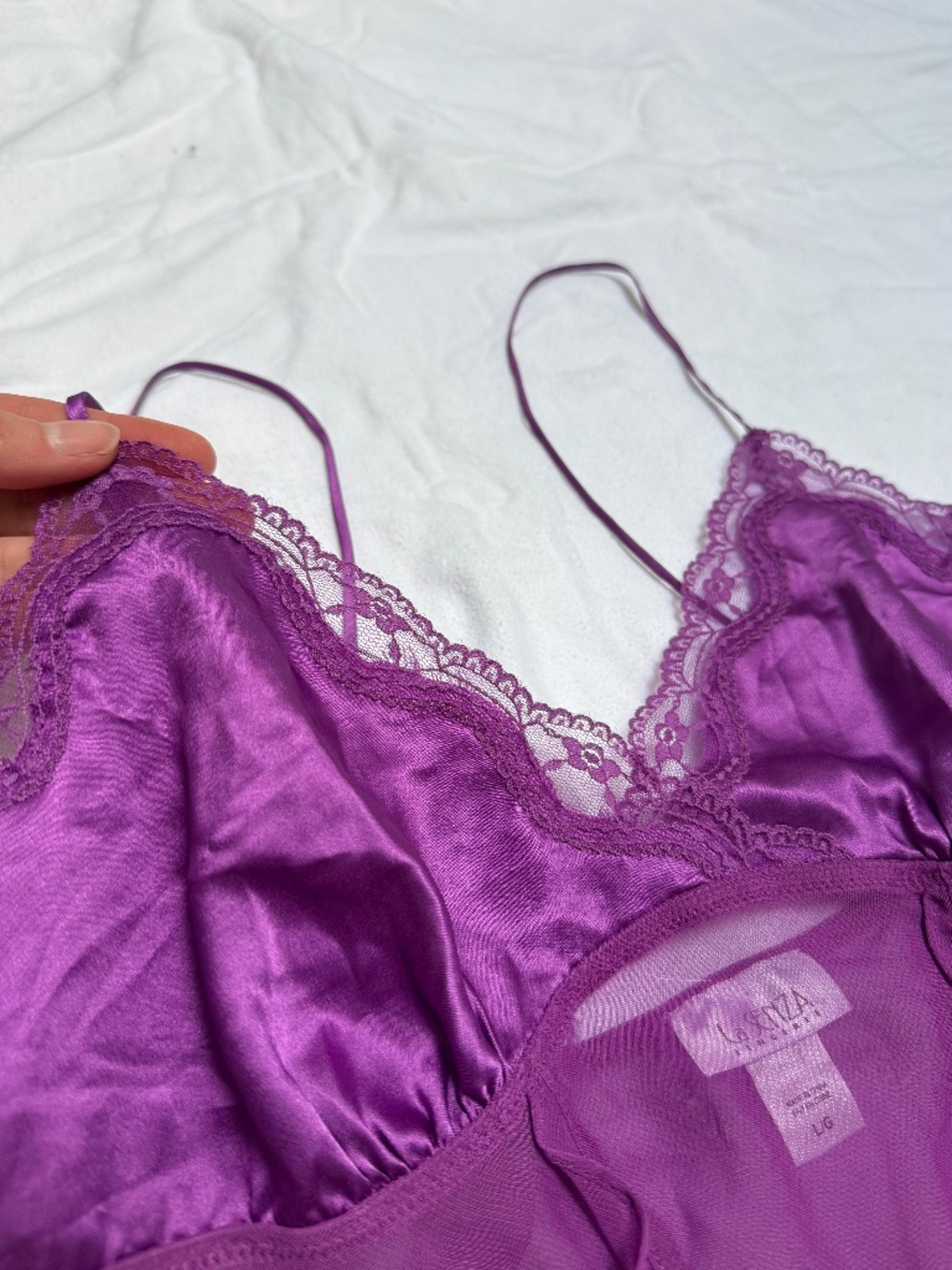 VINTAGE y2k La SENZA purple lace tiered ruffle babydoll slip top L - Picture 5 of 12